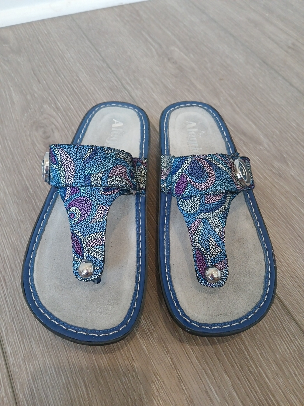 NEW Alegria Leather Adjustable Thong Sandals Blue Purple Sparkle Womens 37 7/7.5